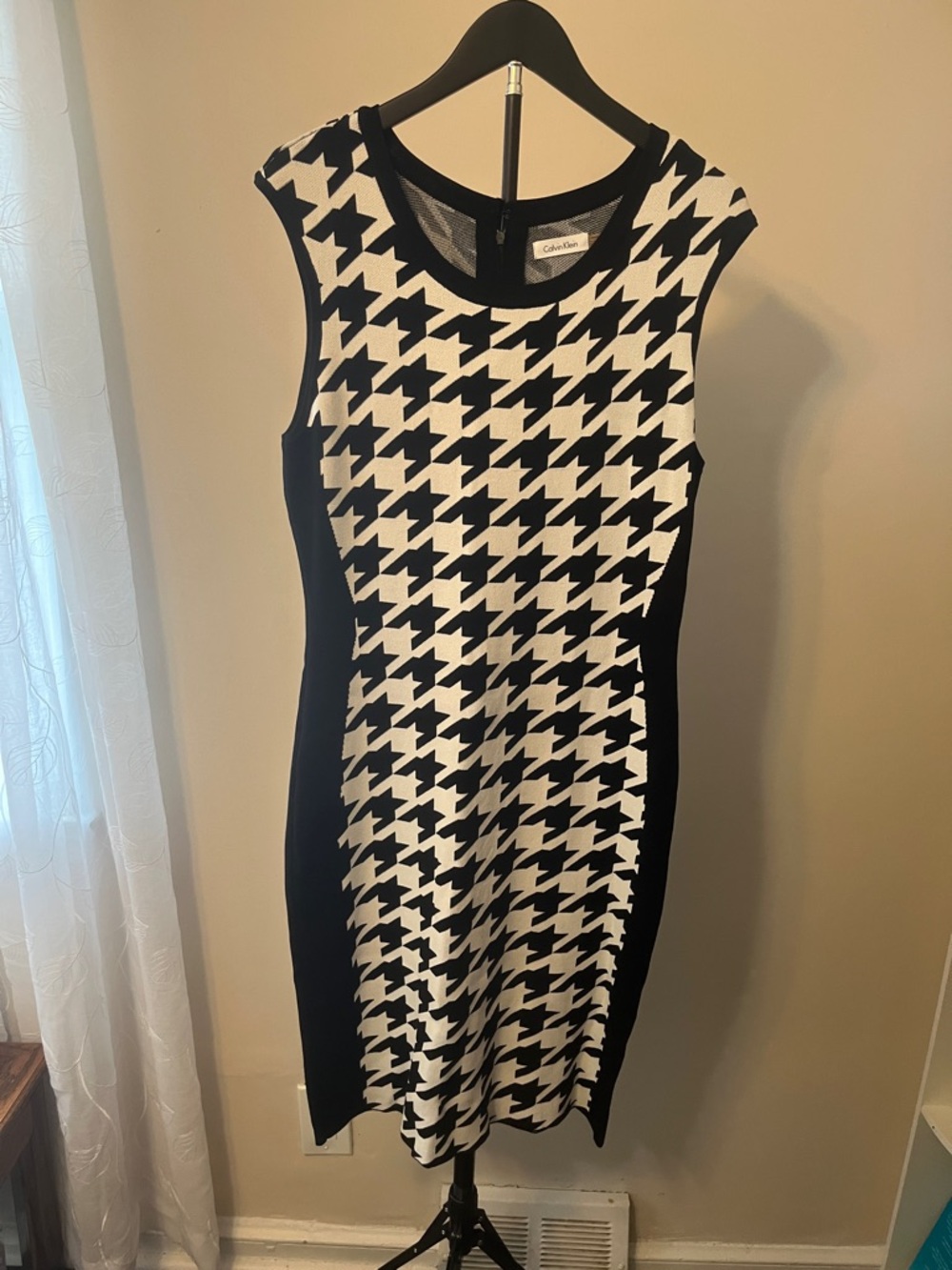 Calvin Klein Black & White Houndstooth Midi Sheath Dress